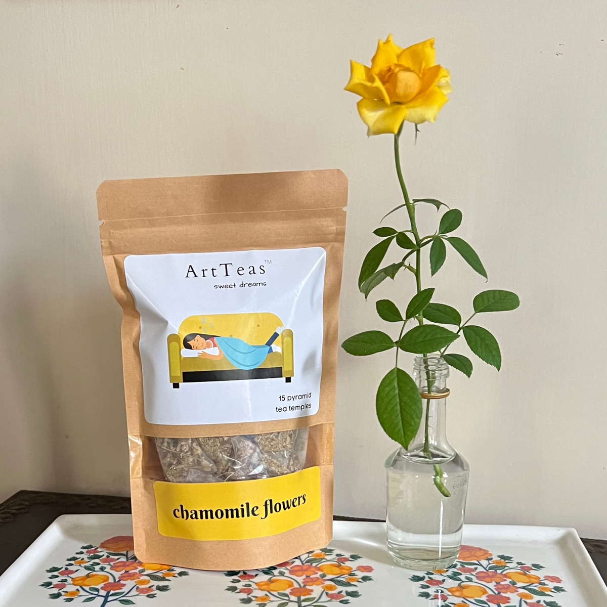 ArtTeas® chamomile flowers herbal tea pouch with botaincal styling - premium caffeine free tea gift India