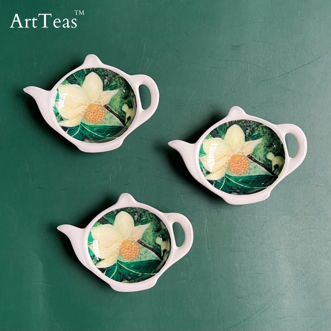ArtTeas® ceramic teapot shaped tea bag plates featuring original watercolor floral art by Aarti Khanna - unique art gift India
