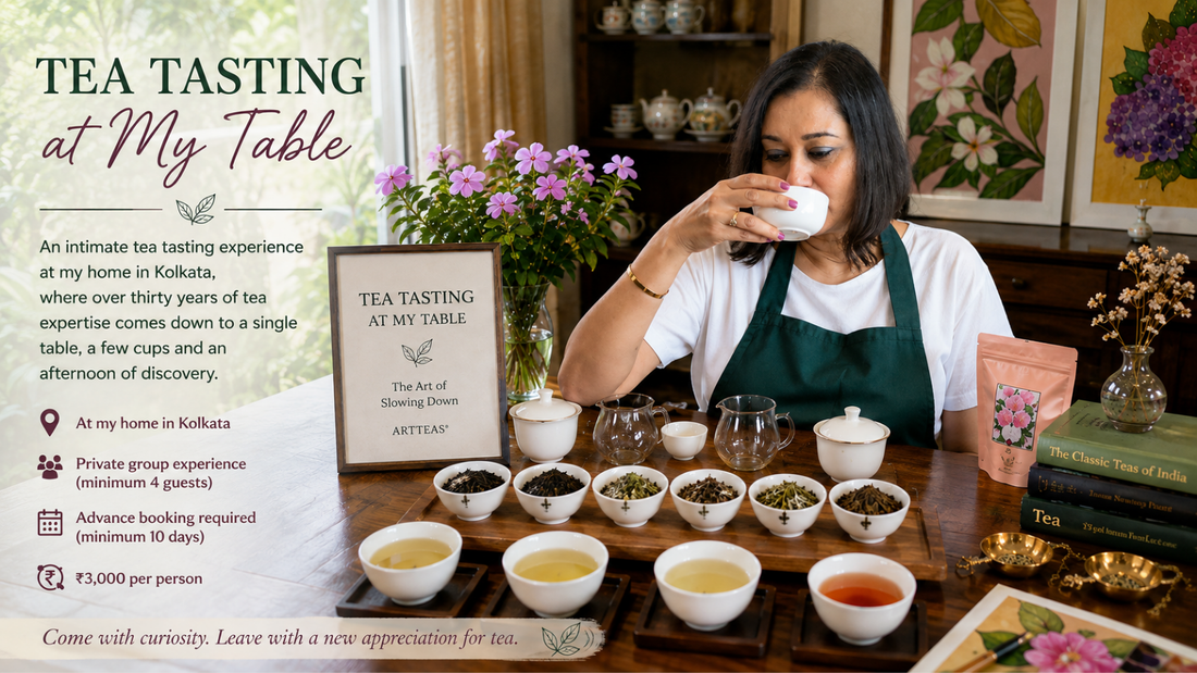 ea tasting table with Darjeeling, Assam and Nilgiri teas, tea pairings and ArtTeas private tea tasting experience in Kolkata.