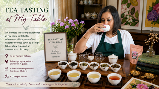 ea tasting table with Darjeeling, Assam and Nilgiri teas, tea pairings and ArtTeas private tea tasting experience in Kolkata.
