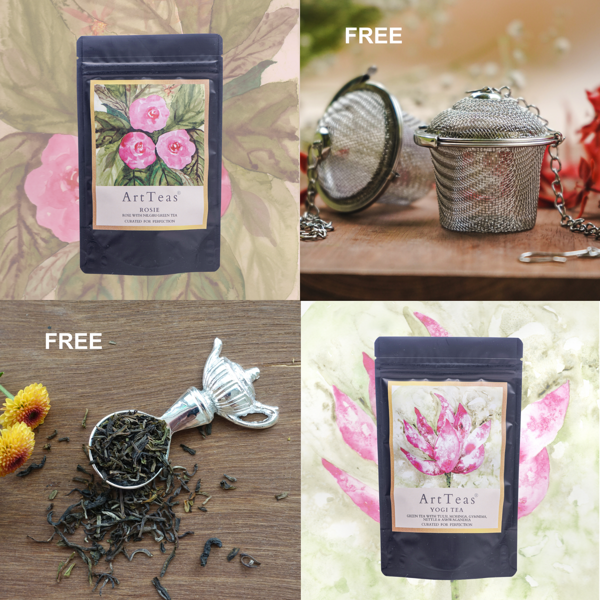 Luxury tea gift box featuring 10 Wellness teas, free infuser, spoon and original artwork on packaging by ArtTeas®