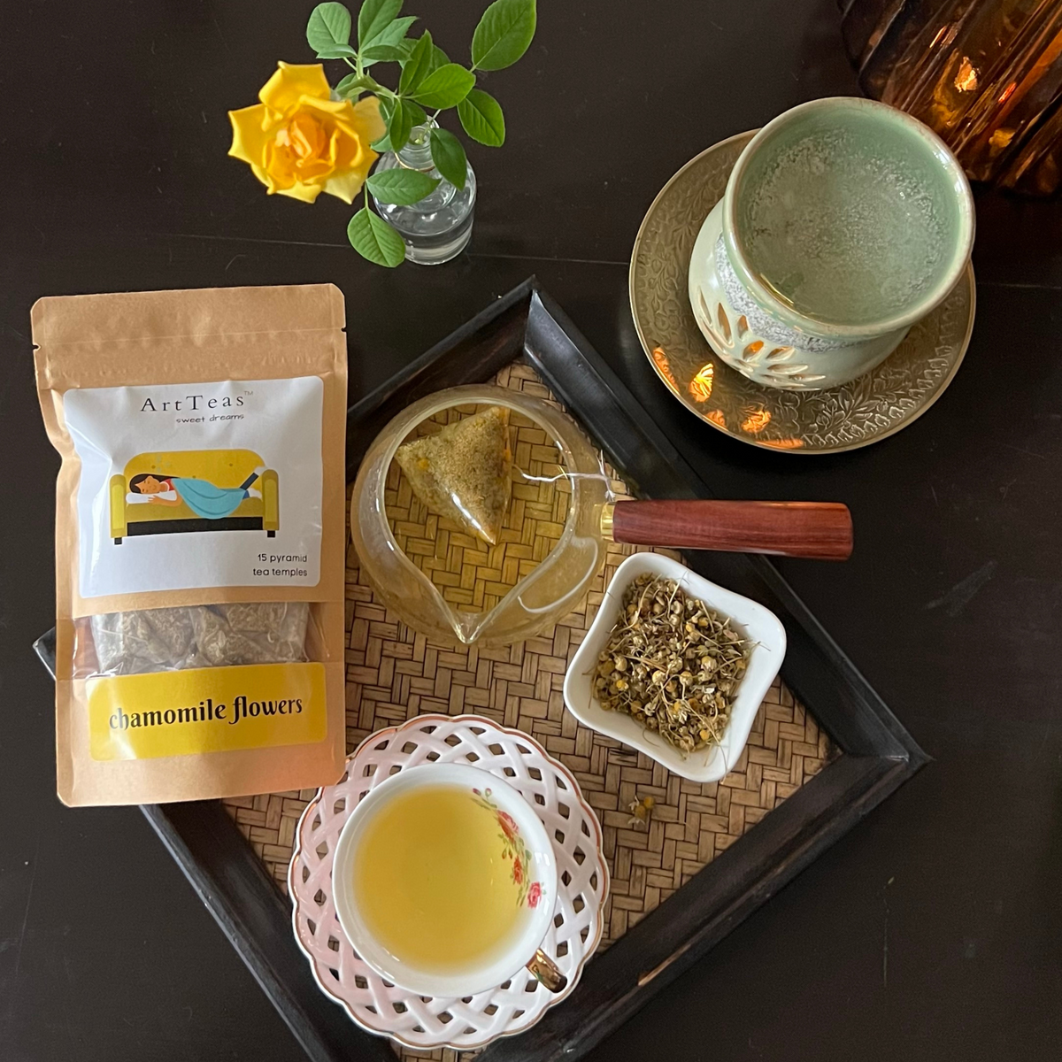 ArtTeas® Chamomile pyramid tea bags with tea accessories - caffeine free bedtime herbal tea India.