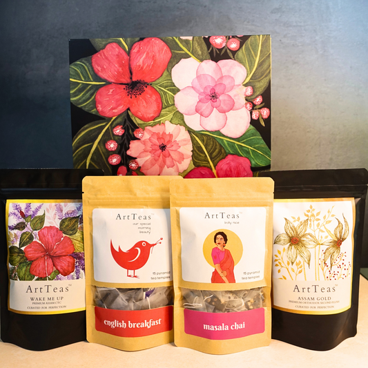 Flavours Of Assam gift set - four premium tea pouches with watercolor bird art by ArtTeas® India