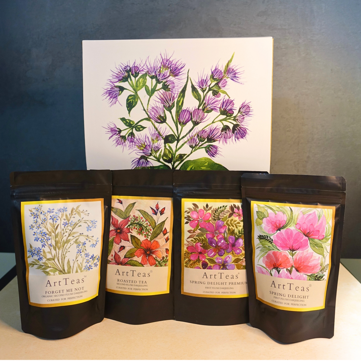 Inside of Treasures of Darjeeling gift box - premium single origin Darjeeling teas by ArtTeas