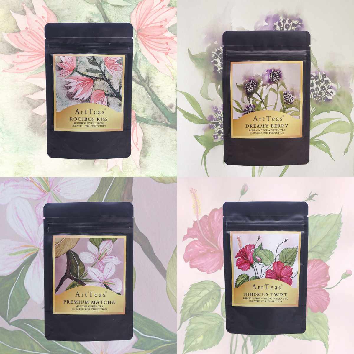Collection of ArtTeas® loose leaf tea packs hand-painted floral watercolor labels