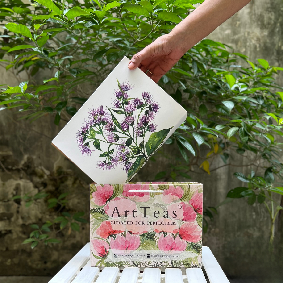 Original watercolor botanical art on ArtTeas Darjeeling tea packaging - handpainted by founder Aarti Khanna