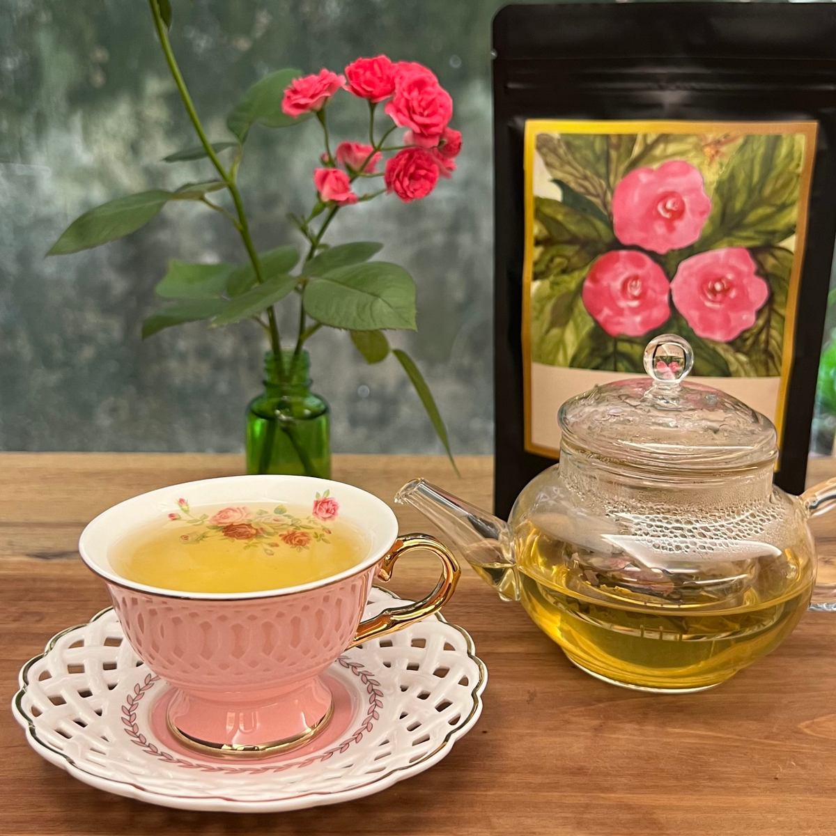 Rosie rose Nilgiri green tea brewed in cup by ArtTeas® - calming floral green tea perfect hot or iced India