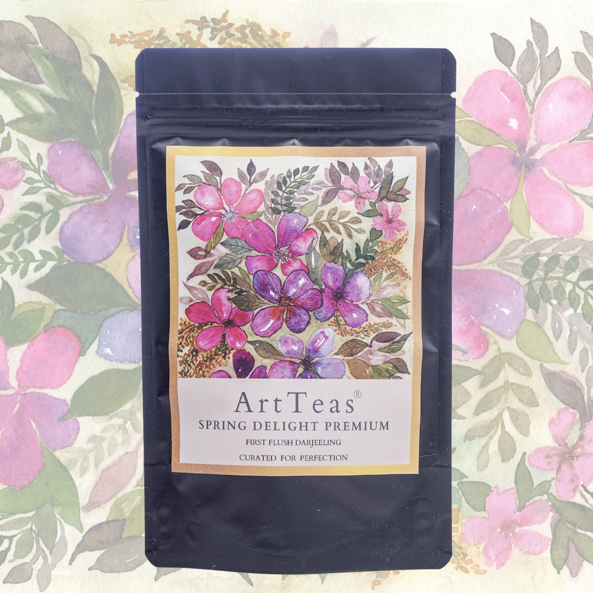 ArtTeas single origin Darjeeling tea in artist designed purple floral pouch - Treasures of Darjeeling giftt box