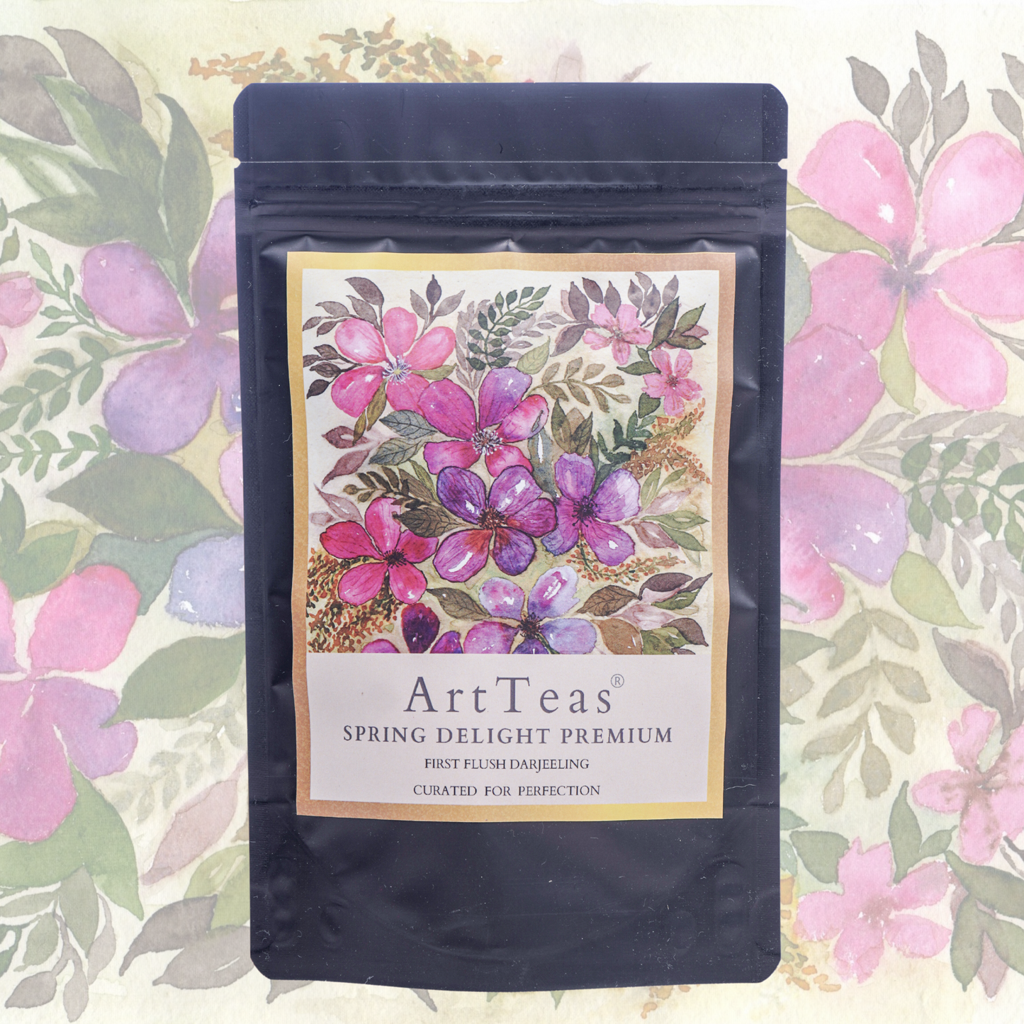 ArtTeas single origin Darjeeling tea in artist designed purple floral pouch - Treasures of Darjeeling giftt box
