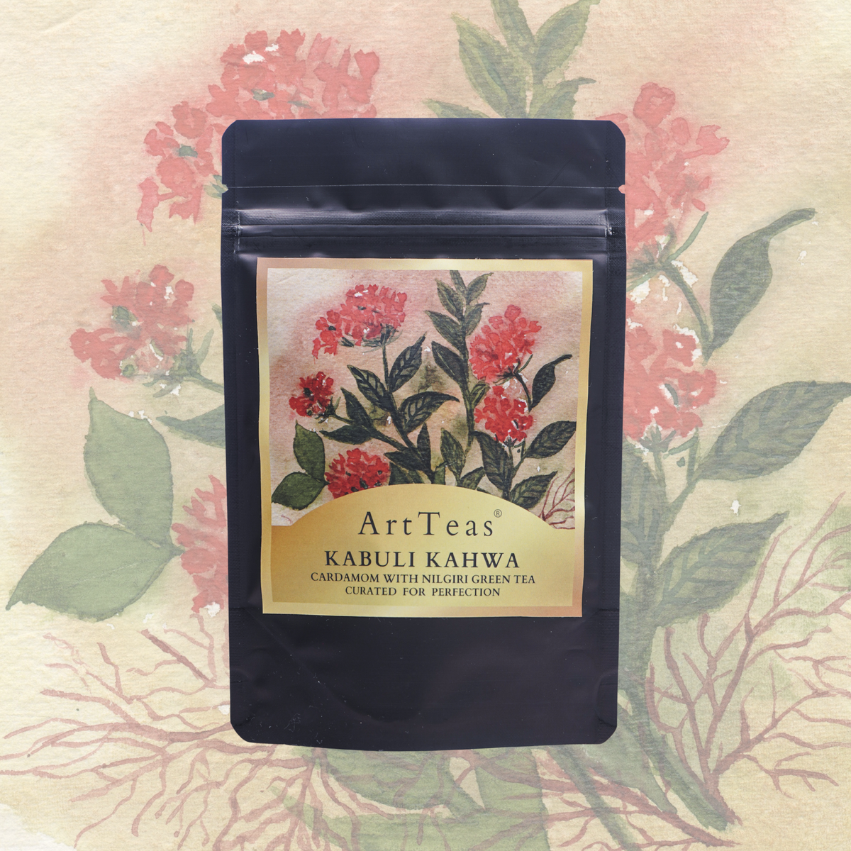 ArtTeas® Kabuli Kahwa cardamom Nilgiri green tea pouch with watercolor flower art — wellness tea gift India