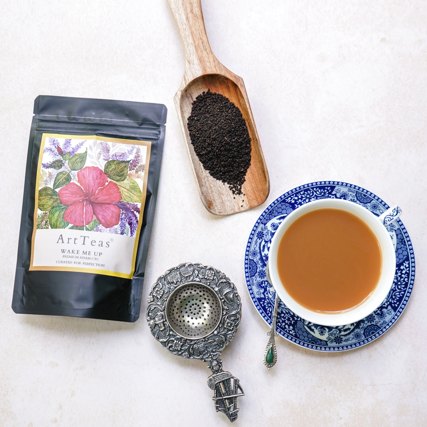 Wake Me Up Assam CTC Breakfast tea with brewed cup and loose tea by ArtTeas