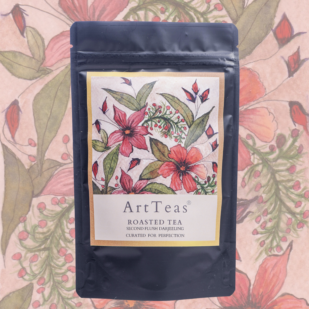 ArtTeas Darjeeling tea gift pouch with pink watercolor floral art -  handcrafted tea packaging