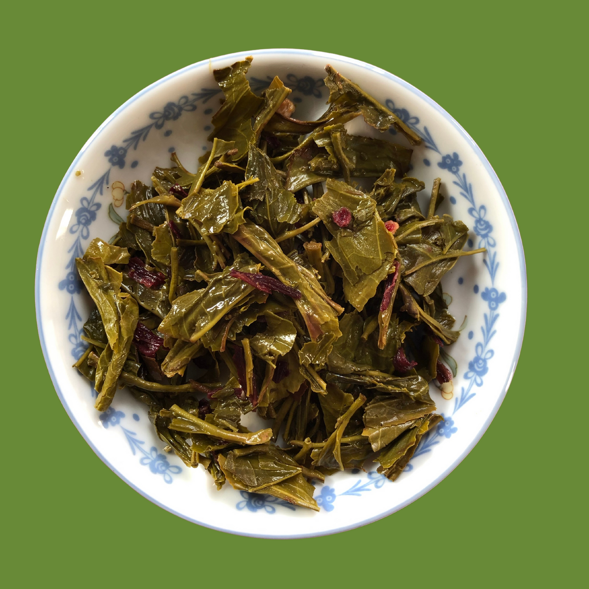 ArtTeas® steeped Hibiscus Nilgiri Green Tea leaves after brewing