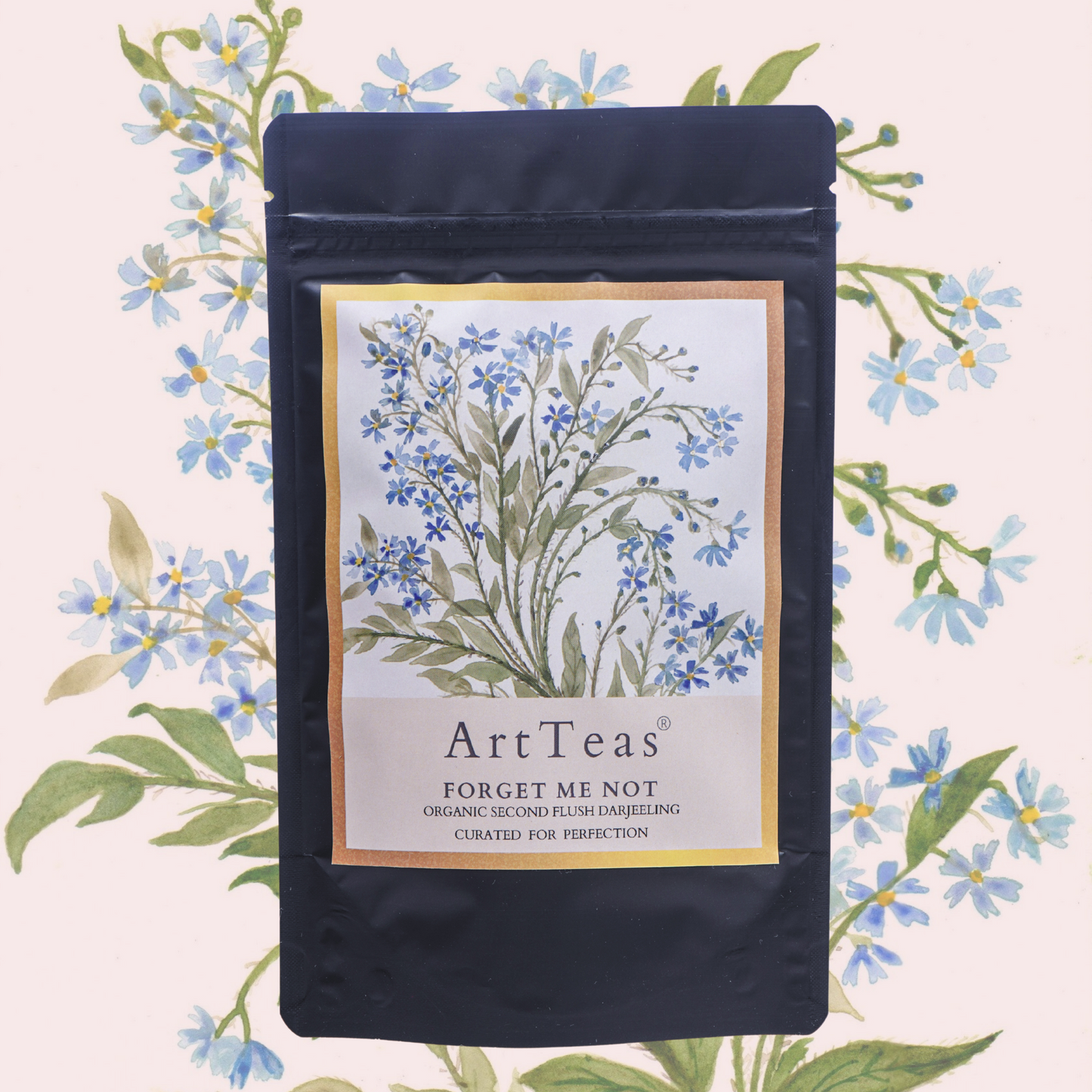 ArtTeas® Forget Me Not - Organic Second Flush Darjeeling tea premium loose leaf black tea packaging 