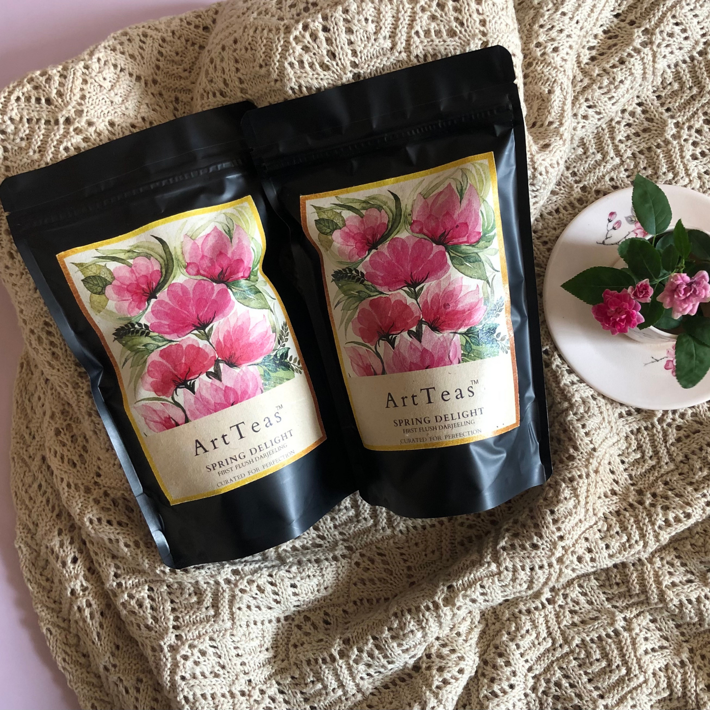 ArtTeas® Spring Delight Darjeeling First Flush tea presented with botanical artwork