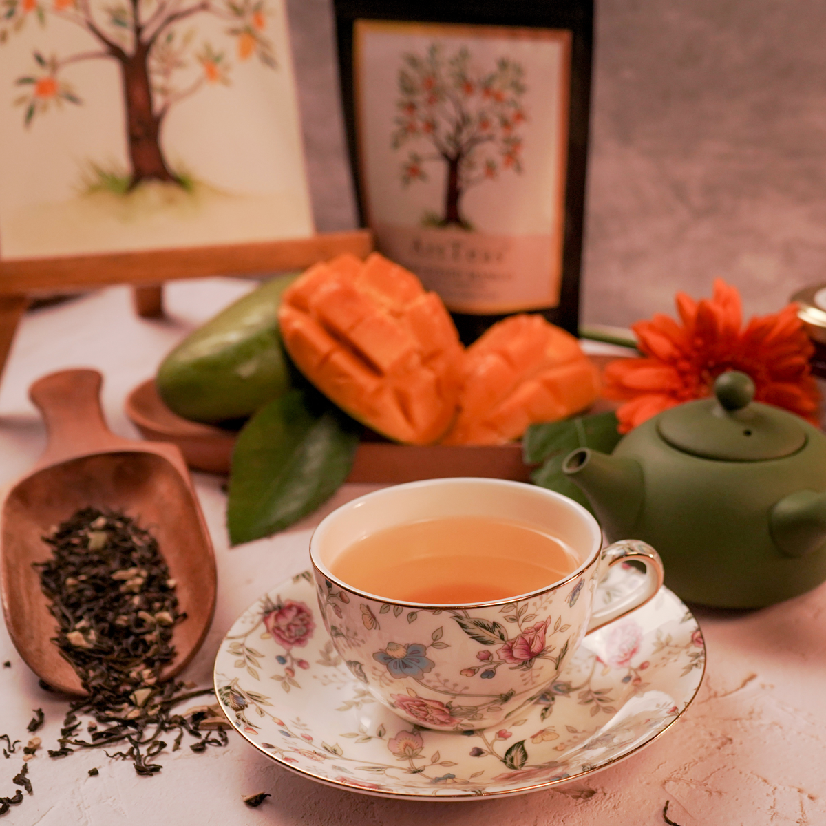 ArtTeas® Sun-kissed Mango green tea styled with mangoes & flowers - artisan mango green tea India