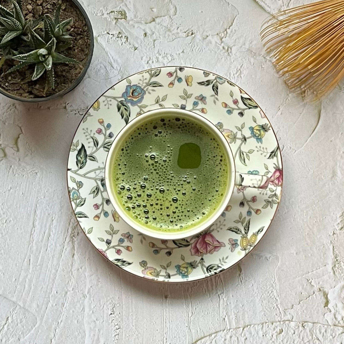 Freshly whisked Premium Japanese Matcha Green Tea in a teacup