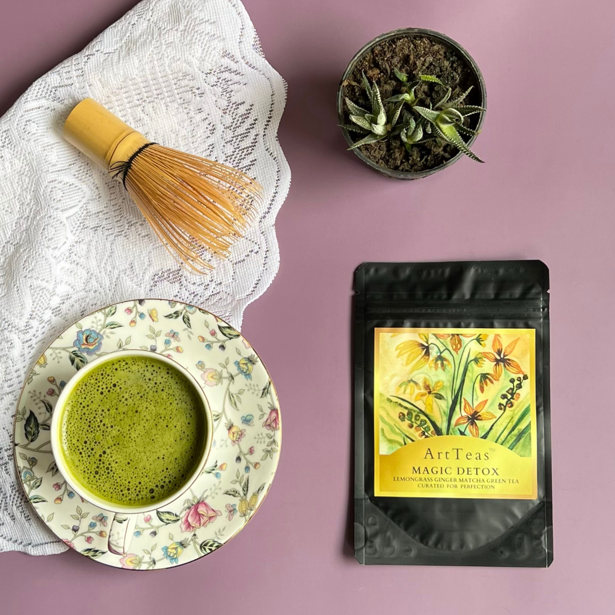 ArtTeas® Matcha Lemongrass Ginger Green Tea with watercolor painting packaging