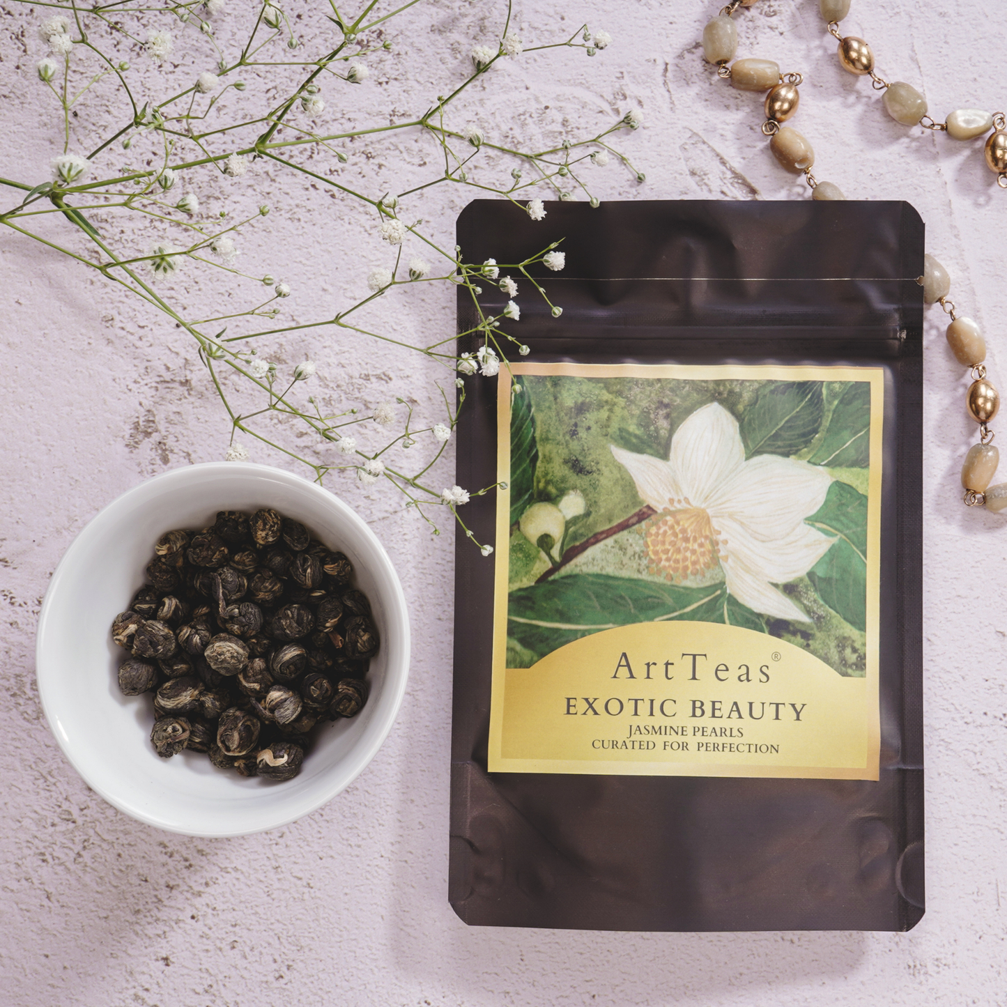 Jasmine Pearls green tea packaging by ArtTeas®