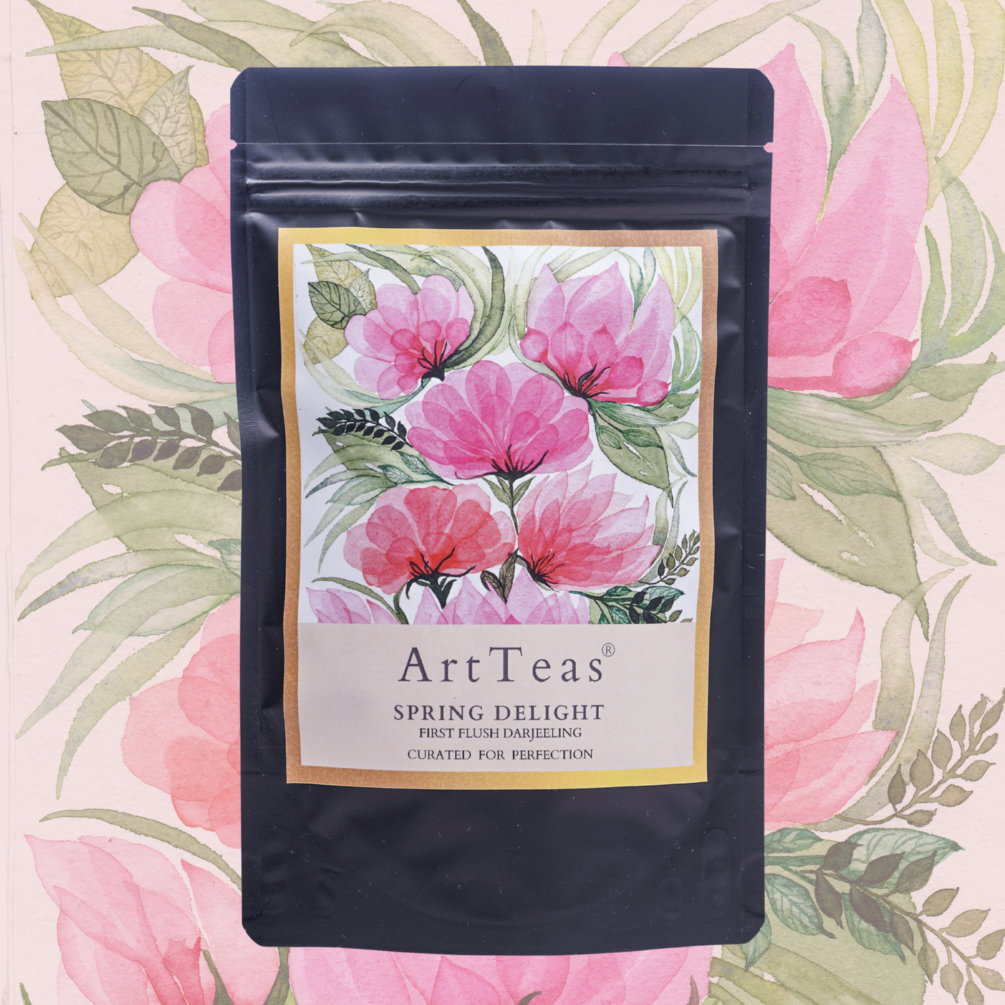 ArtTeas® Spring Delight botanical Magnolia watercolor label inspired by Darjeeling First Flush