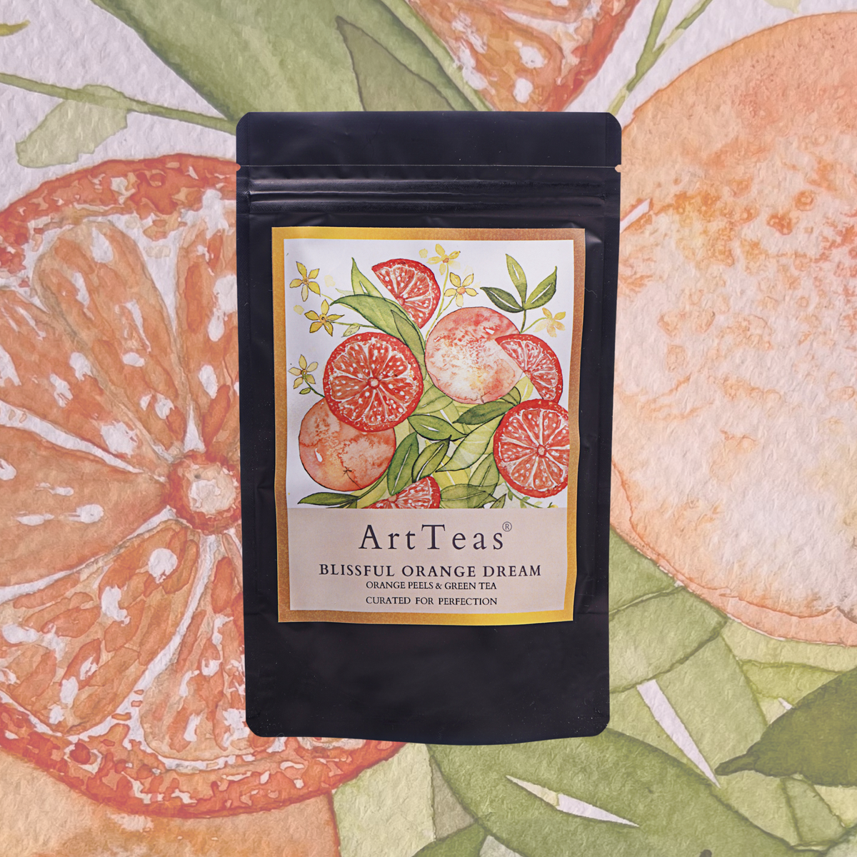  ArtTeas® Blissful Orange Dream tea pouch featuring original watercolor orange artwork by the founder