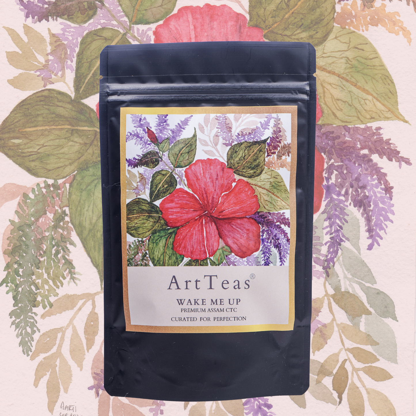 ArtTeas Wake Me Up Assam Second Flush CTC black tea packaging with botanical watercolor artwork 
