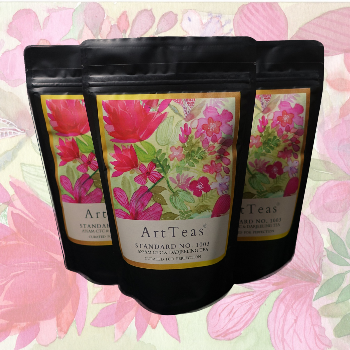 Standard 1003 House Blend - 1kg Assam CTC and Darjeeling tea with hand-painted pink and red botanical watercolor label by the founder