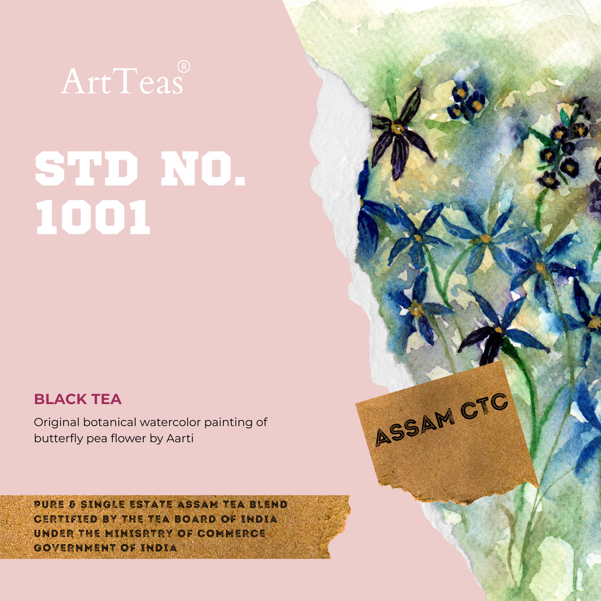 STD 1001 Assam CTC House blend with botanical watercolor artwork labels by the founder