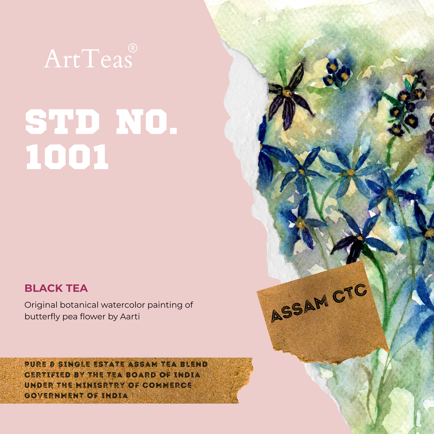 STD 1001 Assam CTC House blend with botanical watercolor artwork labels by the founder