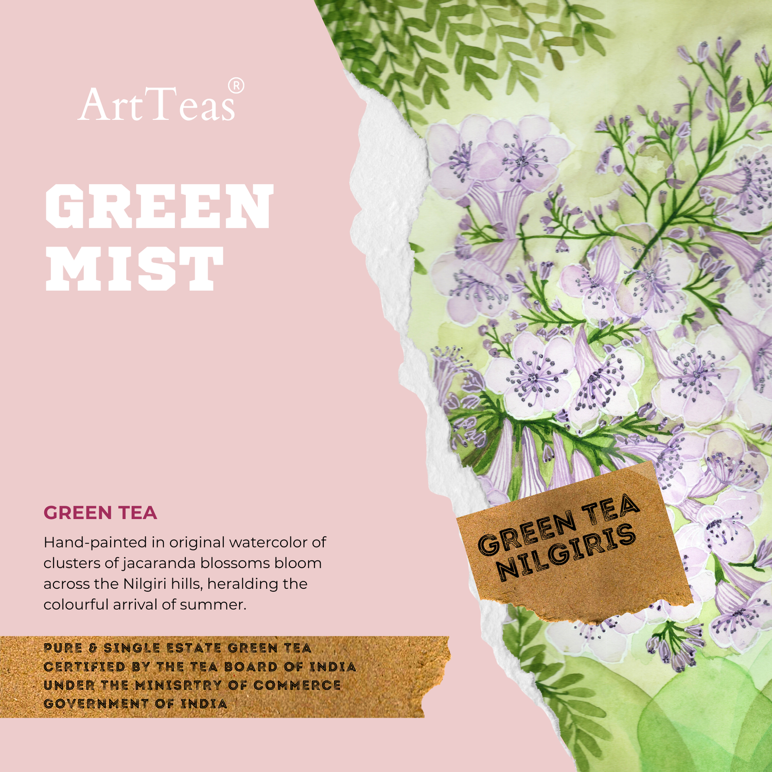 Green Mist Nilgiri Green Tea by ArtTeas premium loose leaf tea in botanical watercolor packaging
