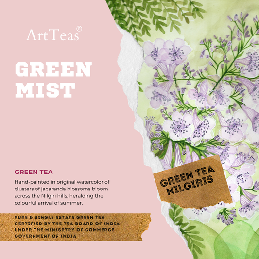 Green Mist Nilgiri Green Tea by ArtTeas premium loose leaf tea in botanical watercolor packaging