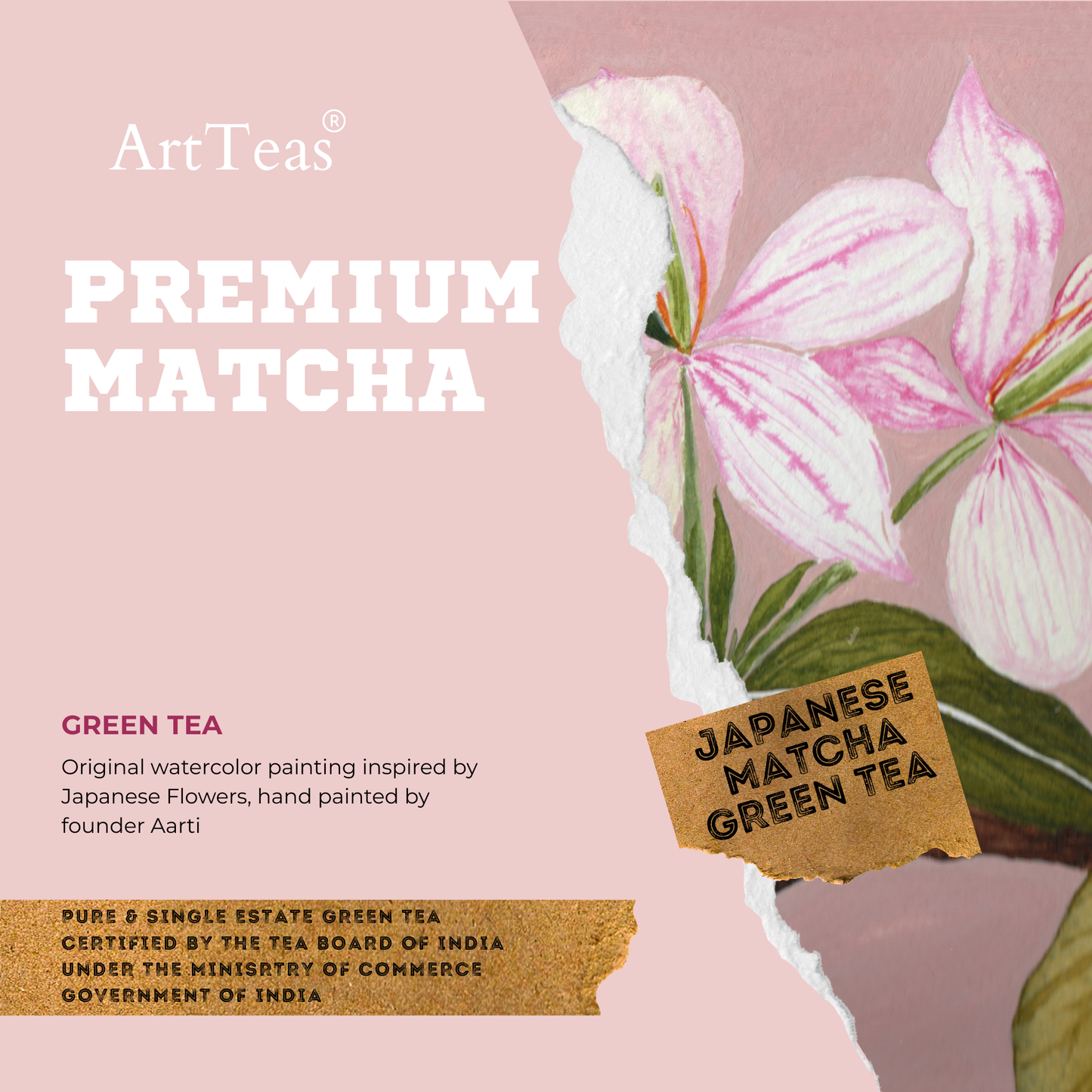 ArtTeas Premium Japanese Matcha Green Tea with original botanical watercolor label