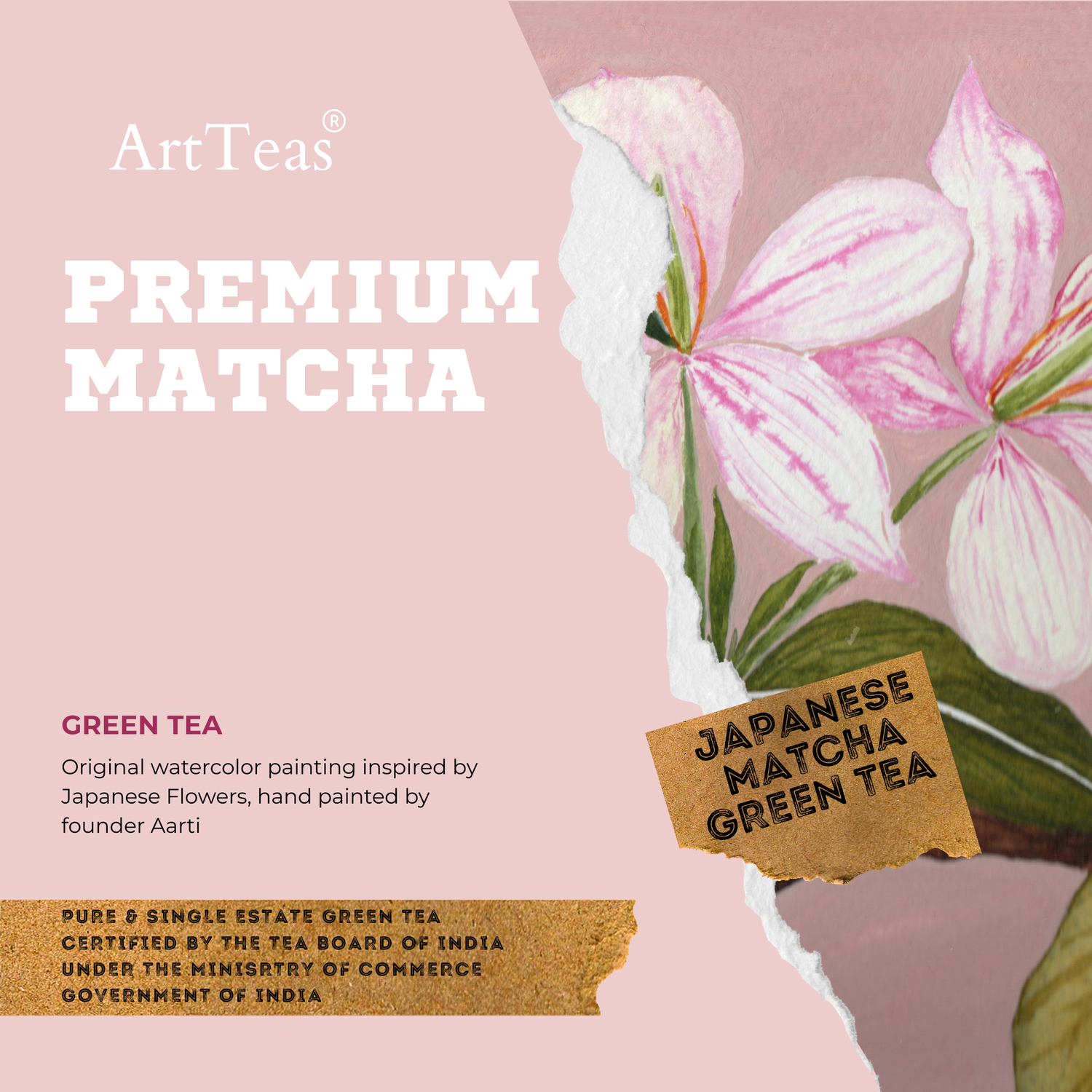 ArtTeas Premium Japanese Matcha Green Tea with original botanical watercolor label