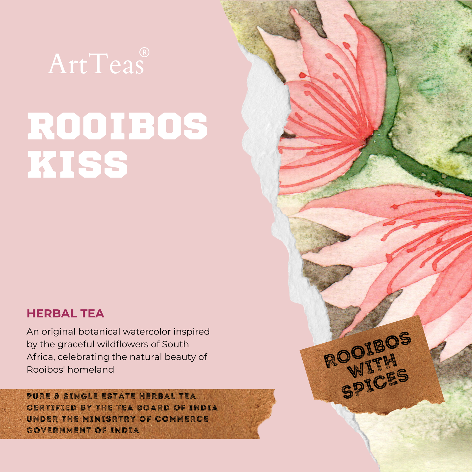 Rooibos Kiss spiced South African rooibos tea by ArtTeas® with wildflower botanical watercolor label art — buy rooibos tea online India