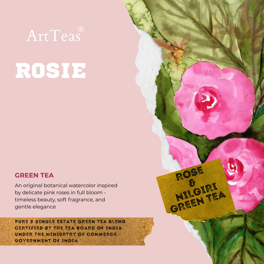 Rosie rose and Nilgiri green tea by ArtTeas® with pink roses watercolor label art - buy  rose green tea online India