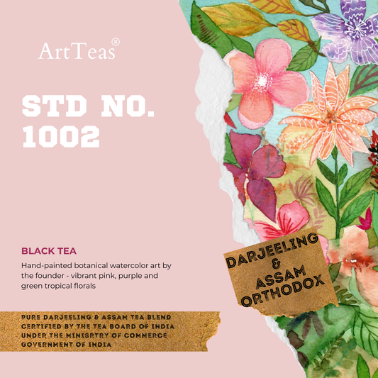 Standard 1002 House Blend - 500 g of Darjeeling & Assam Whole Leaf Tea with hand-painted botanical watercolor label packaging by the founder