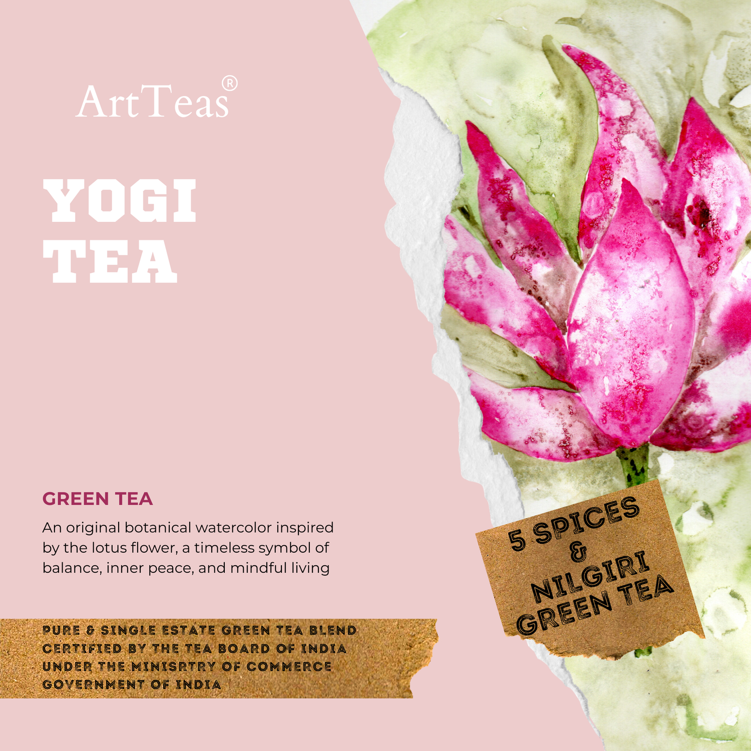 ArtTeas® Yogi Tea with hand-painted botanical watercolor lotus flower artwork on the packaging