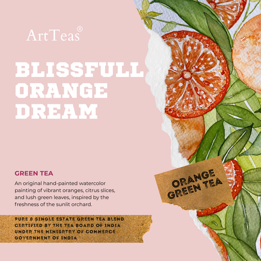 ArtTeas® Blissful Orange dream green tea with freeze-dried orange peels in watercolor illustrated packaging