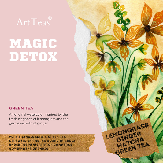 ArtTeas Magic Detox Lemongrass Ginger Matcha Green Tea botanical watercolor packaging