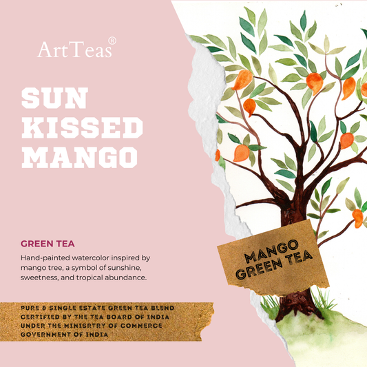 Sun-kissed Mango green tea by ArtTeas® with original watercolor mango tree painting - mango flavoured green tea India