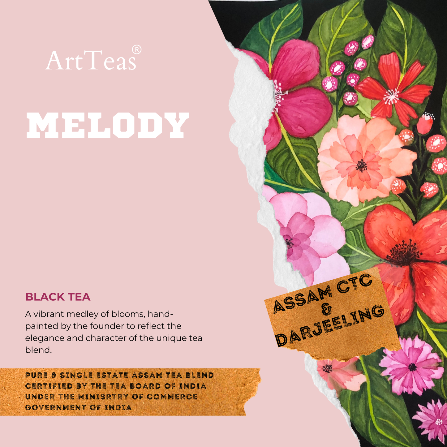 Melody Darjeeling tea blend by ArtTeas® featuring premium loose leaf black tea with hand-painted botanical artwork.
