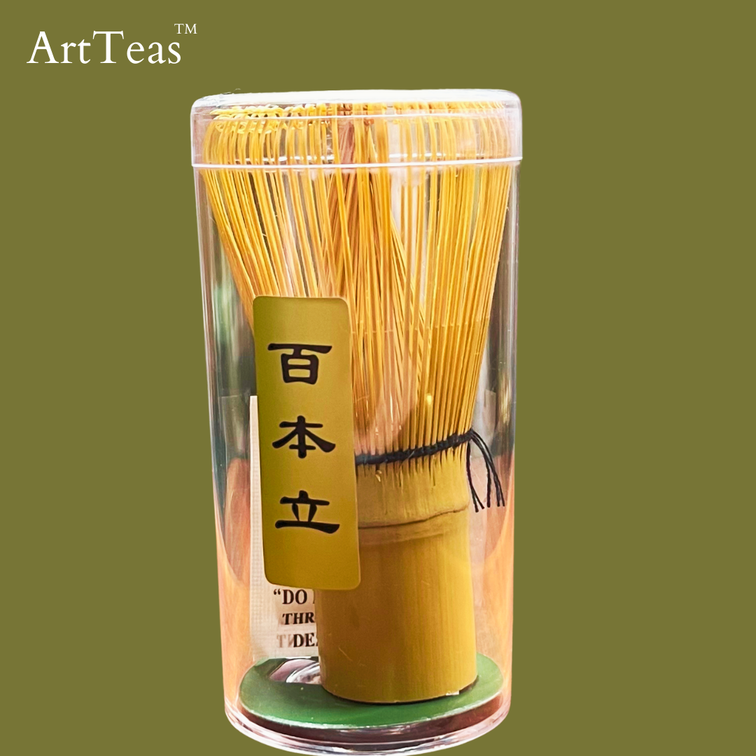 Bamboo whisk with matcha tea ready for Japanese tea ceremony