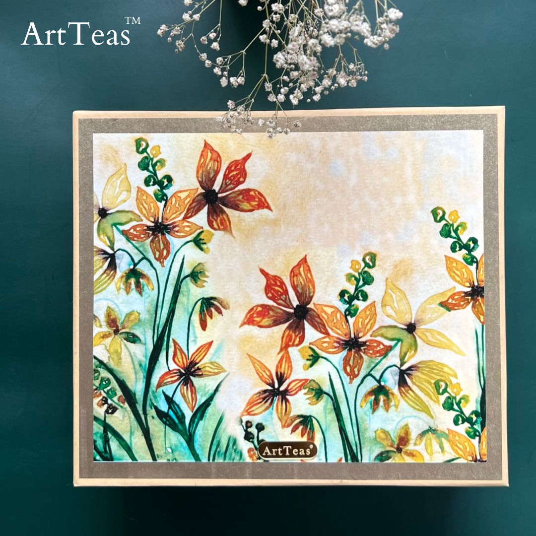 Original watercolor botanical painting by Aarti Khanna printed on ArtTeas® ceramic tea set - unique art and tea gift India