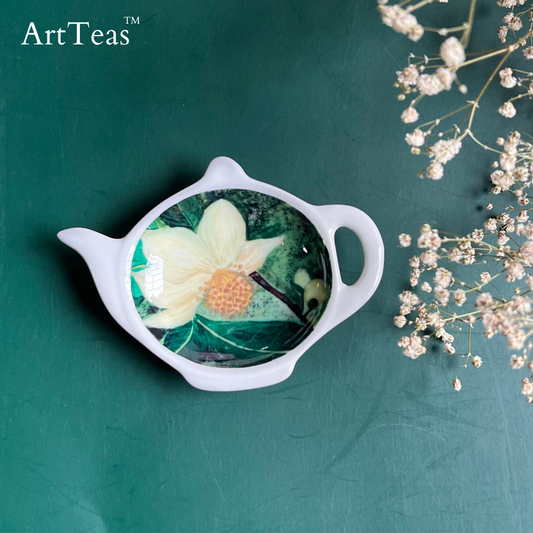 Ceramic tea bag plate with original watercolor botanical painting bt artist Aarti Khanna - ArtTeas® exclusive art tea accessory India