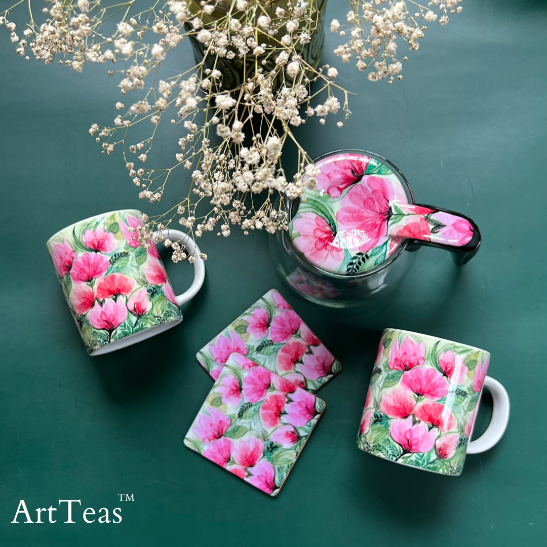  ArtTeas®  Pink Flora tea set ith original pink magnolia watercolor art by Aarti Khanna - glass teapot 2 mugs and 2 coasters gift India