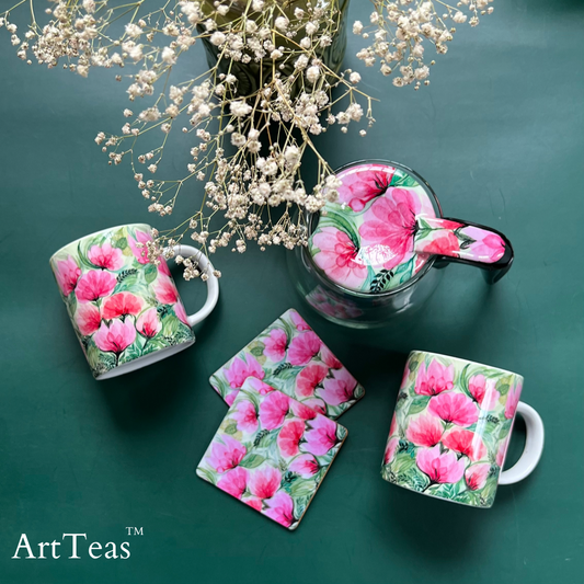 ArtTeas®  Pink Flora tea set ith original pink magnolia watercolor art by Aarti Khanna - glass teapot 2 mugs and 2 coasters gift India