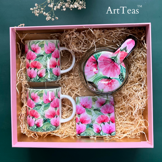  ArtTeas® Pink Flora watercolor tea set beautifully gift boxed - glass teapot mugs and coasters ith original botanical art India