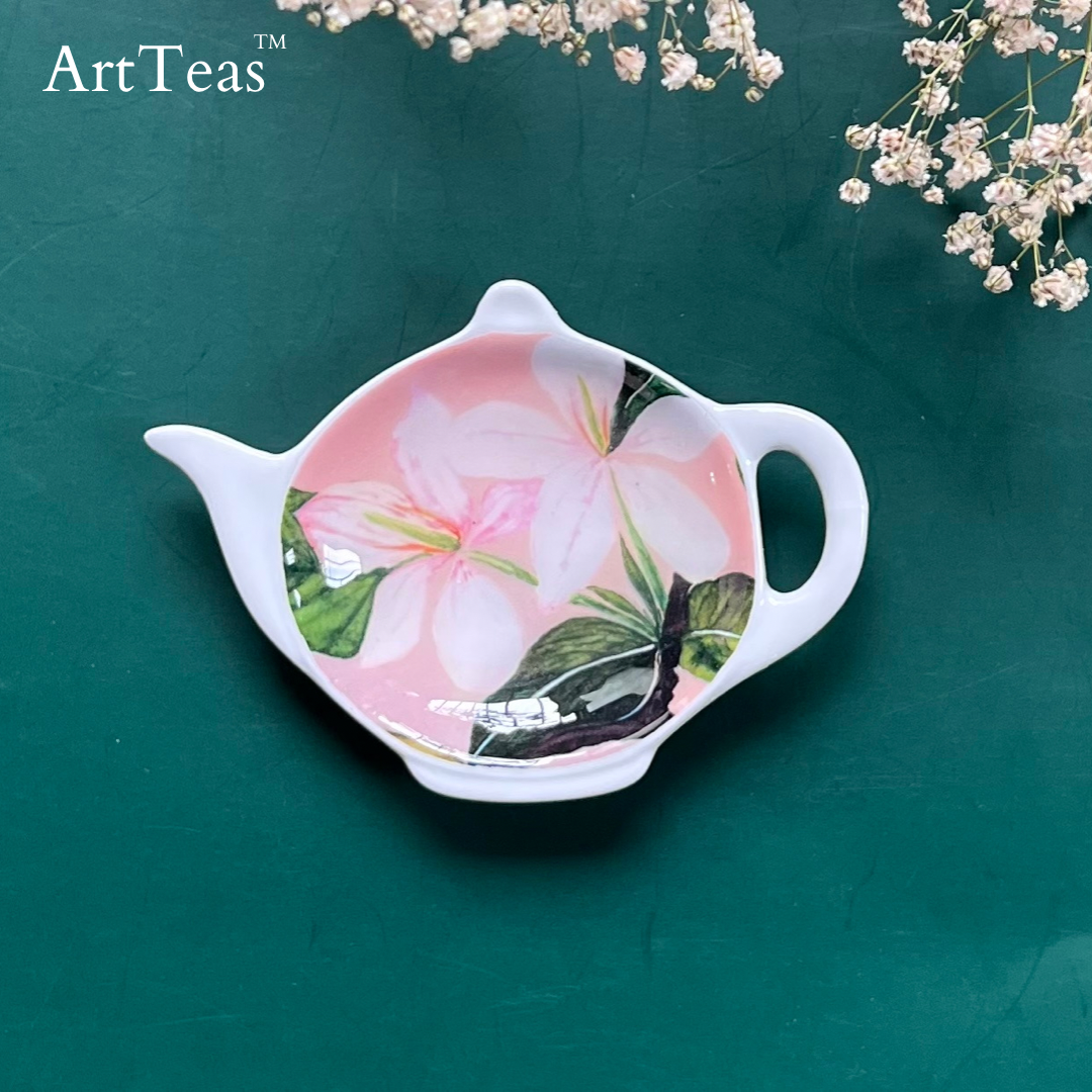 Pink ceramic tea bag holder with original watercolor magnolia painting by Aarti Khanna - ArtTeas®  exclusive art and tea gift India