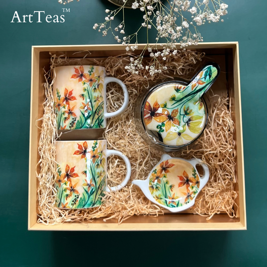 ArtTeas® ceramic mugs and cokie plates with original floral art by Aarti Khanna - exclusive artist designed tea gift set India