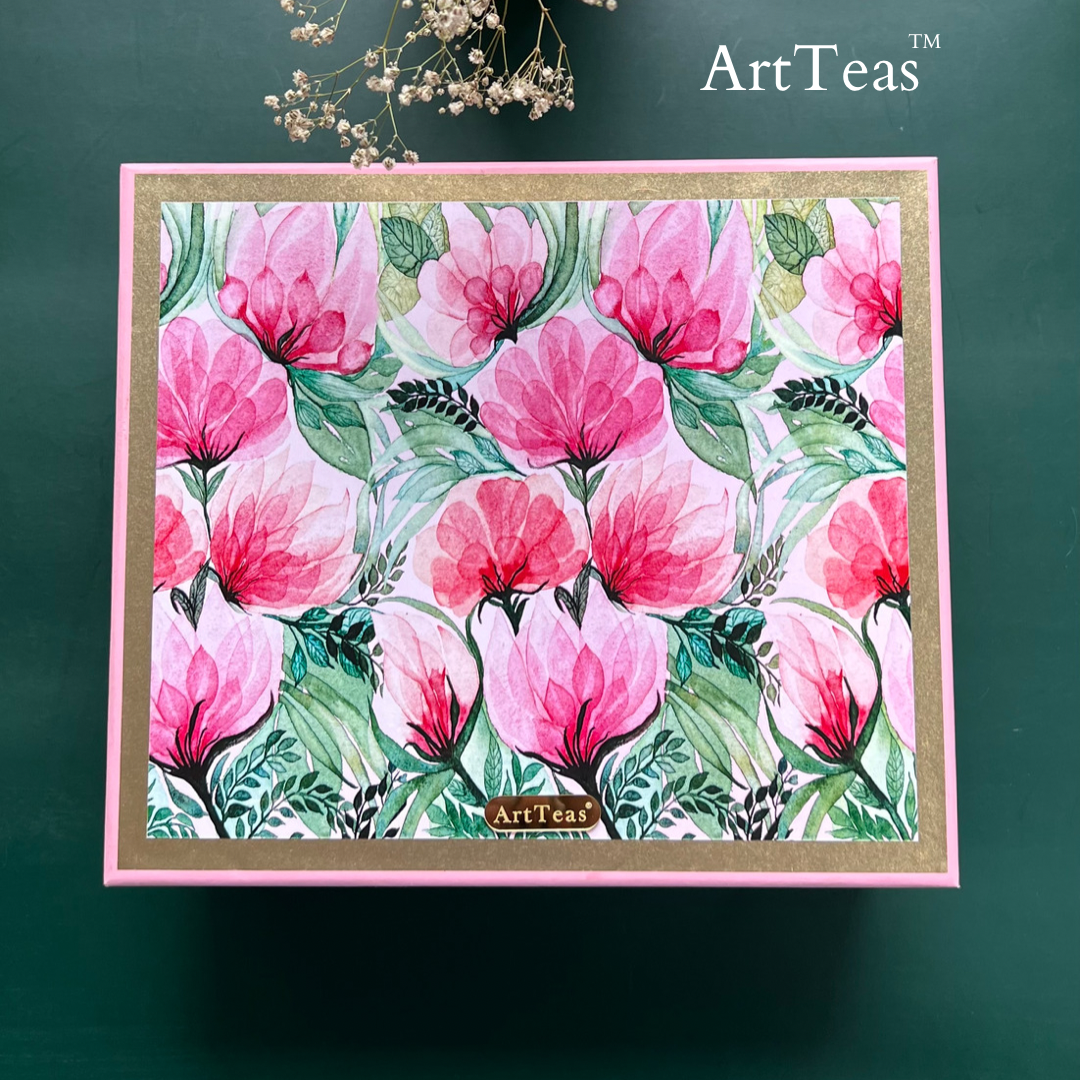 Original pink magnolia atercolor painting by artist Aarti Khanna printes on  ArtTeas® ceramic tea set - exclusive art gift India